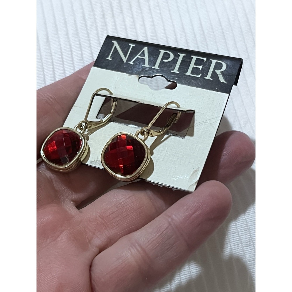 NOC Napier Gold Tone Drop/Dangle Lever Back Earrings w/ Red Stone Center